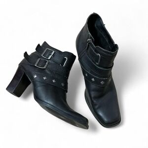 Harley Davidson Black Leather Ankle Boots Buckle‎ Studded Heel Moto Biker